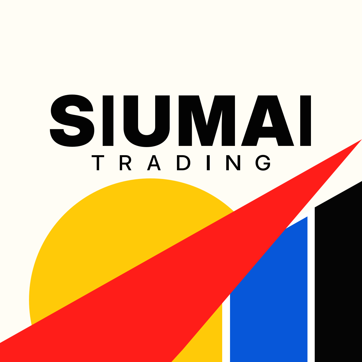 Siumai Trading geometric artwork: a yellow sun, blue blocks and a rising red shape